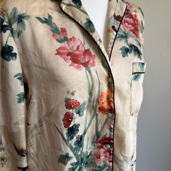 Zara Basic Cream Floral Bird Print Sleek Long Sleeve Sleep Top Womens L Basic - Picture 2 of 5